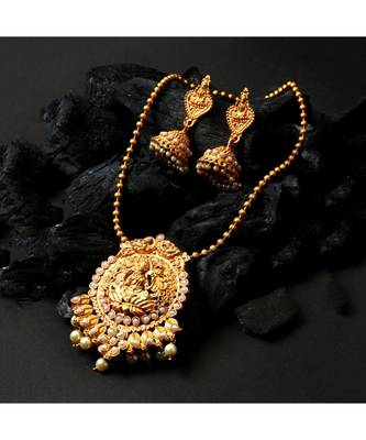 Antique Matte Gold Finish Goddess Laxmi White Stone Studded Temple Jewellery set 1
