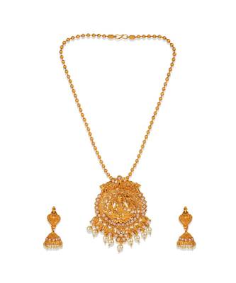 Antique Matte Gold Finish Goddess Laxmi White Stone Studded Temple Jewellery set 2