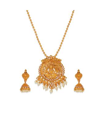 Antique Matte Gold Finish Goddess Laxmi White Stone Studded Temple Jewellery set 3