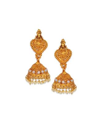 Antique Matte Gold Finish Goddess Laxmi White Stone Studded Temple Jewellery set 4