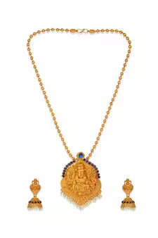 Antique Matte Gold Finish Blue Stone Studded Temple Jewellery set
