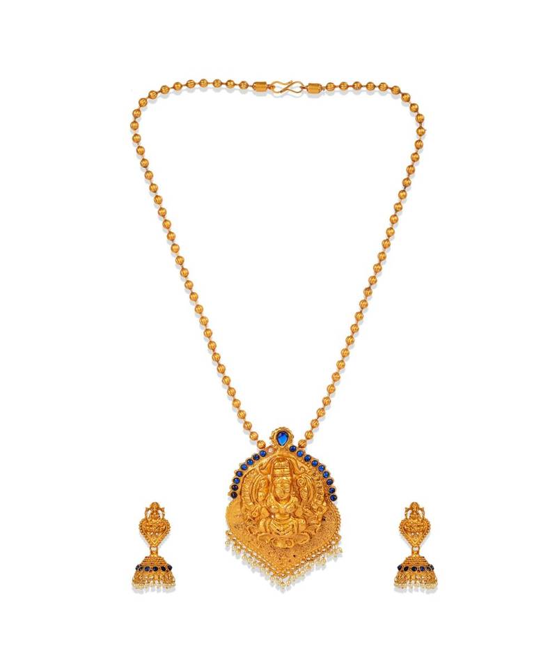 Antique Matte Gold Finish Blue Stone Studded Temple Jewellery set