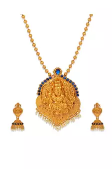 Antique Matte Gold Finish Blue Stone Studded Temple Jewellery set