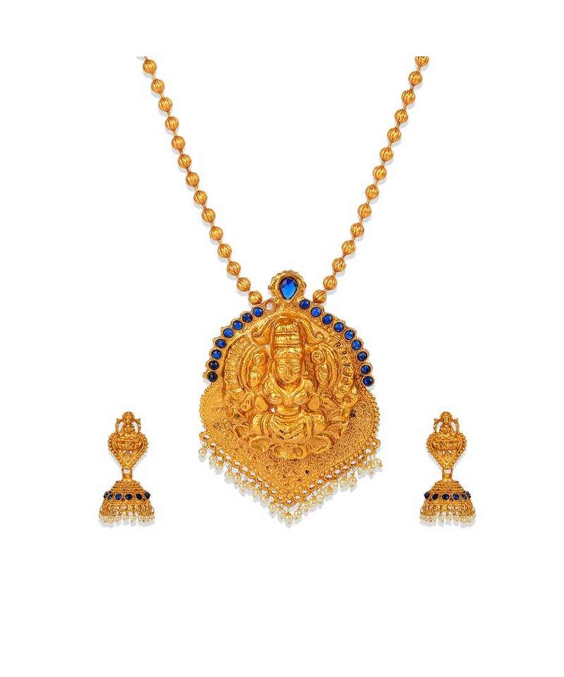 Antique Matte Gold Finish Blue Stone Studded Temple Jewellery set