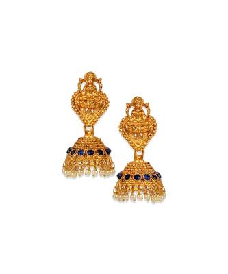 Antique Matte Gold Finish Blue Stone Studded Temple Jewellery set 4