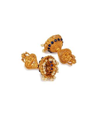 Antique Matte Gold Finish Blue Stone Studded Temple Jewellery set 5