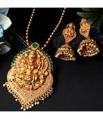 Antique Matte Gold Finish Green Stone Studded Temple Jewellery set
