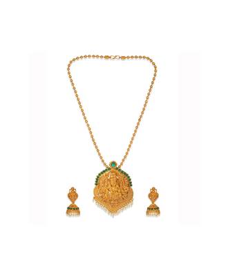 Antique Matte Gold Finish Green Stone Studded Temple Jewellery set 2
