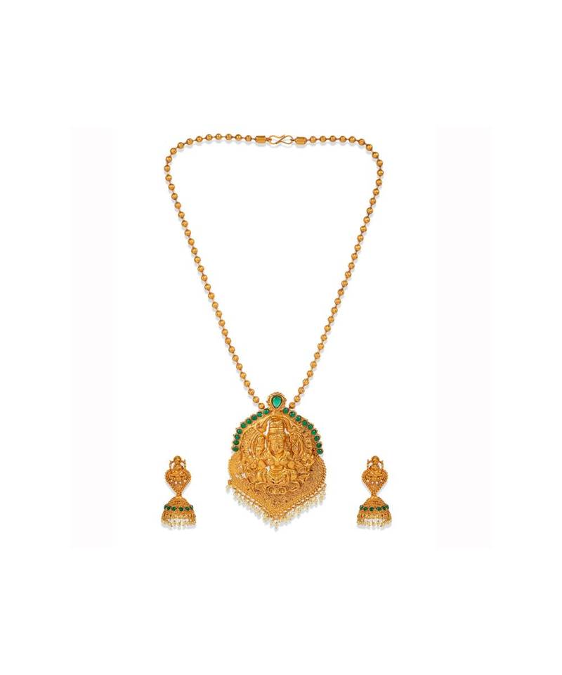 Antique Matte Gold Finish Green Stone Studded Temple Jewellery set