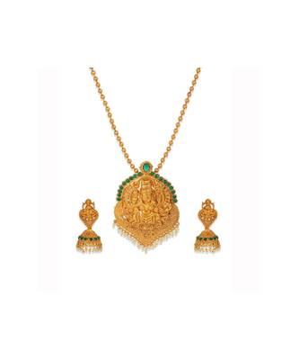 Antique Matte Gold Finish Green Stone Studded Temple Jewellery set 3