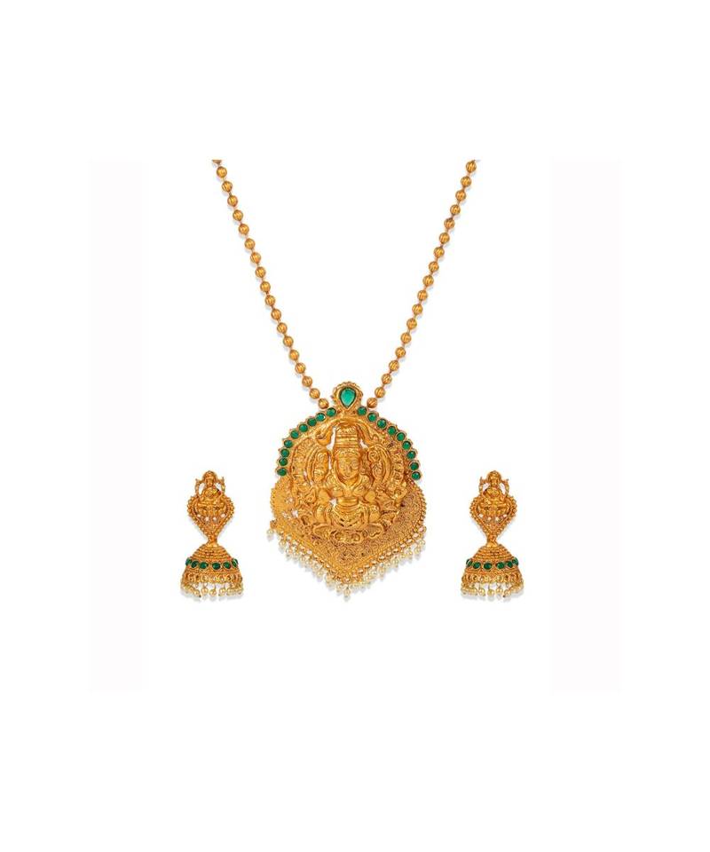 Antique Matte Gold Finish Green Stone Studded Temple Jewellery set