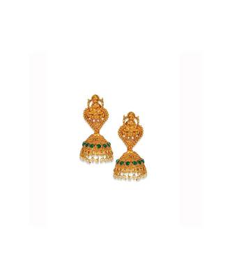 Antique Matte Gold Finish Green Stone Studded Temple Jewellery set 4