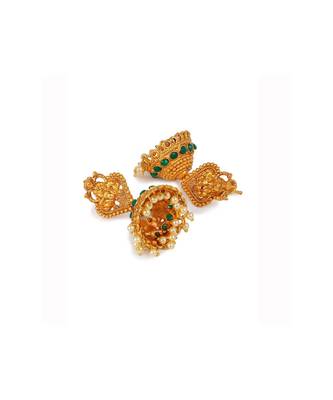 Antique Matte Gold Finish Green Stone Studded Temple Jewellery set 5