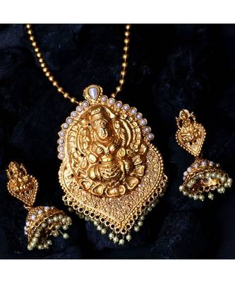 Antique Matte Gold Finish White Stone Studded Temple Jewellery set 1