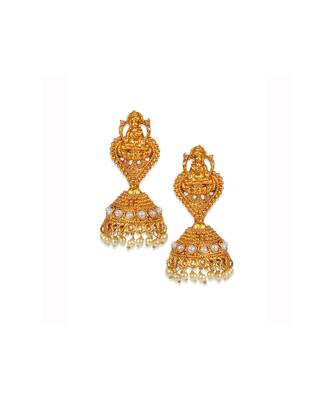 Antique Matte Gold Finish White Stone Studded Temple Jewellery set 4