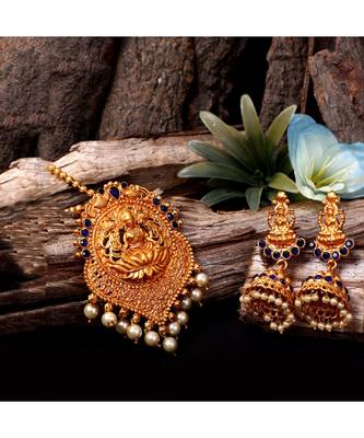 Antique Matte Gold Finish Goddess Laxmi Blue Stone Studded Temple Jewellery set 1