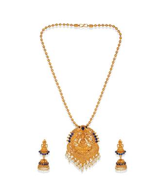 Antique Matte Gold Finish Goddess Laxmi Blue Stone Studded Temple Jewellery set 2