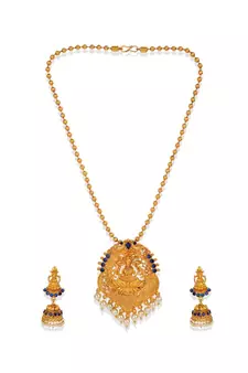 Antique Matte Gold Finish Goddess Laxmi Blue Stone Studded Temple Jewellery set