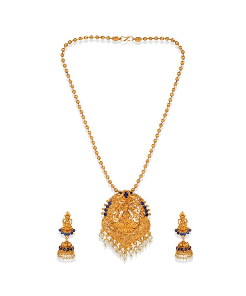 Antique Matte Gold Finish Goddess Laxmi Blue Stone Studded Temple Jewellery set