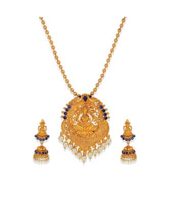 Antique Matte Gold Finish Goddess Laxmi Blue Stone Studded Temple Jewellery set 3