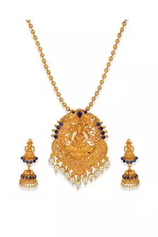 Antique Matte Gold Finish Goddess Laxmi Blue Stone Studded Temple Jewellery set