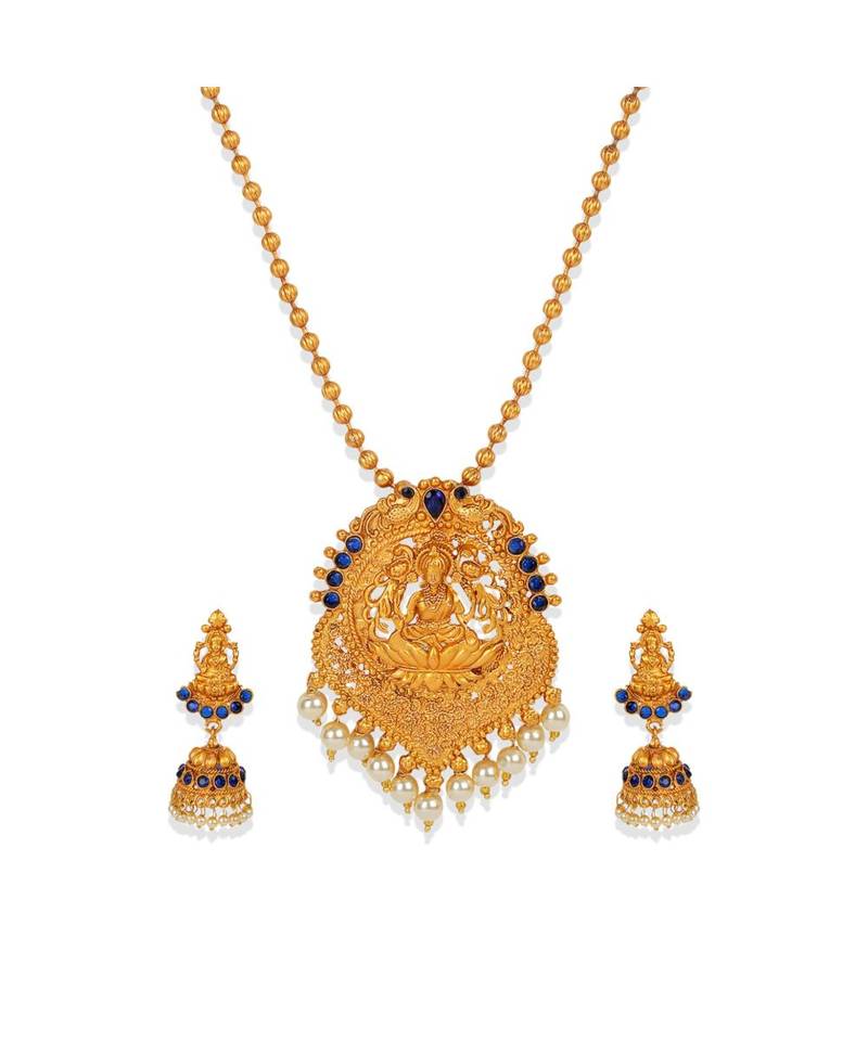 Antique Matte Gold Finish Goddess Laxmi Blue Stone Studded Temple Jewellery set