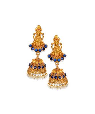 Antique Matte Gold Finish Goddess Laxmi Blue Stone Studded Temple Jewellery set 4