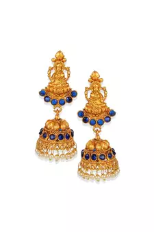 Antique Matte Gold Finish Goddess Laxmi Blue Stone Studded Temple Jewellery set
