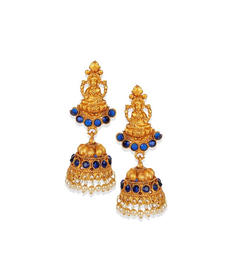 Antique Matte Gold Finish Goddess Laxmi Blue Stone Studded Temple Jewellery set