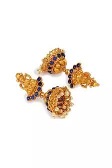 Antique Matte Gold Finish Goddess Laxmi Blue Stone Studded Temple Jewellery set