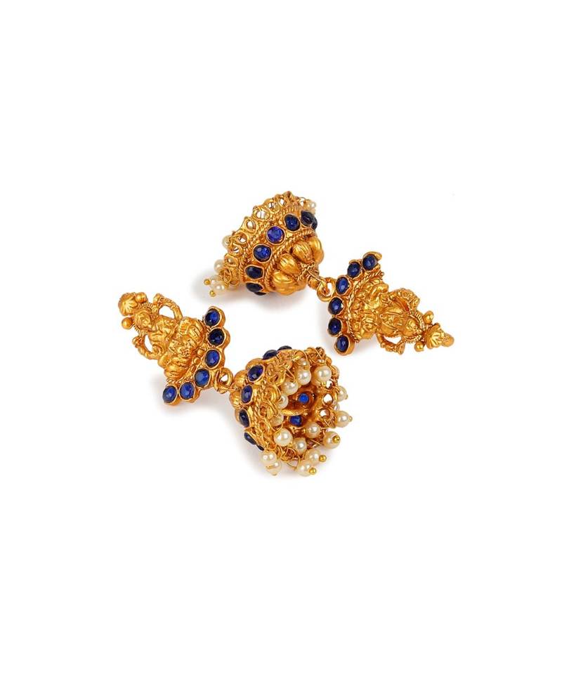 Antique Matte Gold Finish Goddess Laxmi Blue Stone Studded Temple Jewellery set