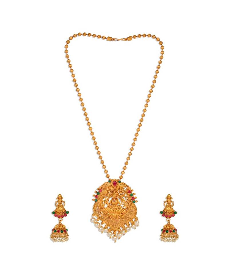 Antique Matte Gold Finish Green Stone Studded Temple Jewellery set