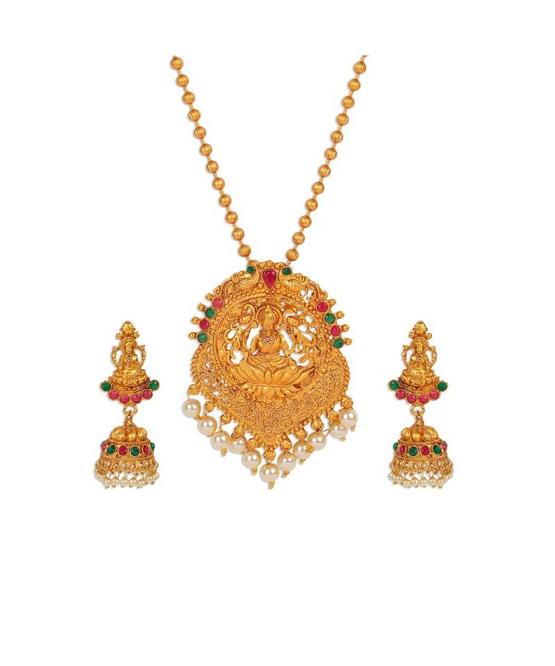 Antique Matte Gold Finish Green Stone Studded Temple Jewellery set