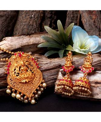 Antique Matte Gold Finish Goddess Laxmi Maroon Stone Studded Temple Jewellery set 1