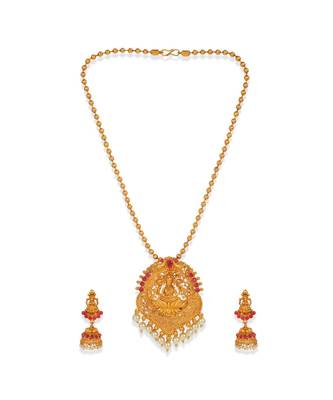 Antique Matte Gold Finish Goddess Laxmi Maroon Stone Studded Temple Jewellery set 2