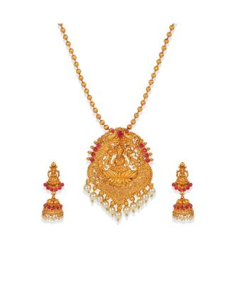 Antique Matte Gold Finish Goddess Laxmi Maroon Stone Studded Temple Jewellery set 3