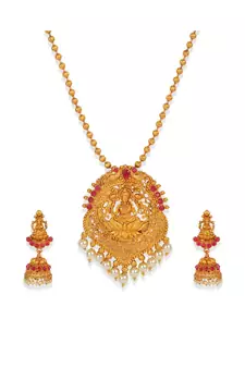 Antique Matte Gold Finish Goddess Laxmi Maroon Stone Studded Temple Jewellery set