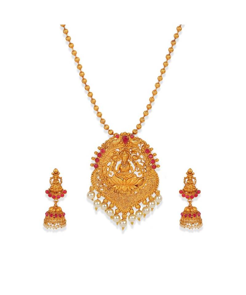 Antique Matte Gold Finish Goddess Laxmi Maroon Stone Studded Temple Jewellery set