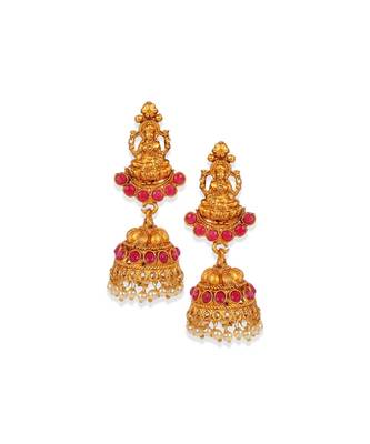 Antique Matte Gold Finish Goddess Laxmi Maroon Stone Studded Temple Jewellery set 4