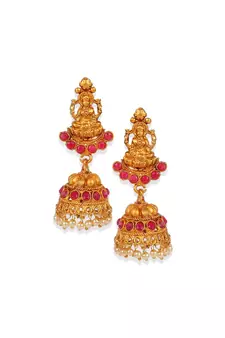 Antique Matte Gold Finish Goddess Laxmi Maroon Stone Studded Temple Jewellery set