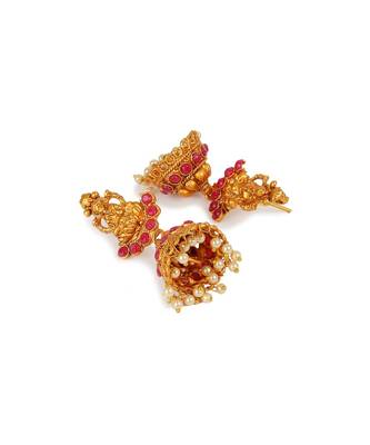 Antique Matte Gold Finish Goddess Laxmi Maroon Stone Studded Temple Jewellery set 5