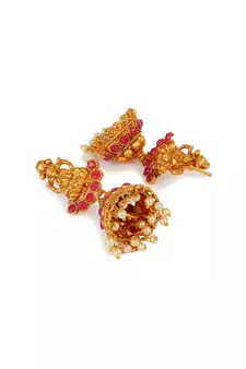 Antique Matte Gold Finish Goddess Laxmi Maroon Stone Studded Temple Jewellery set