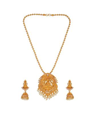 Antique Matte Gold Finish Goddess Laxmi White Stone Studded Temple Jewellery set 2