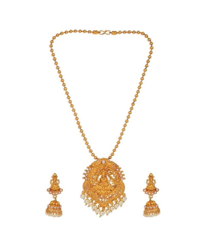 Antique Matte Gold Finish Goddess Laxmi White Stone Studded Temple Jewellery set