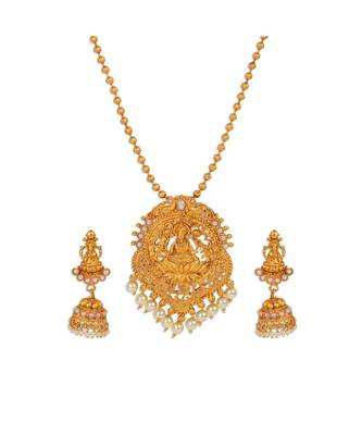 Antique Matte Gold Finish Goddess Laxmi White Stone Studded Temple Jewellery set 3