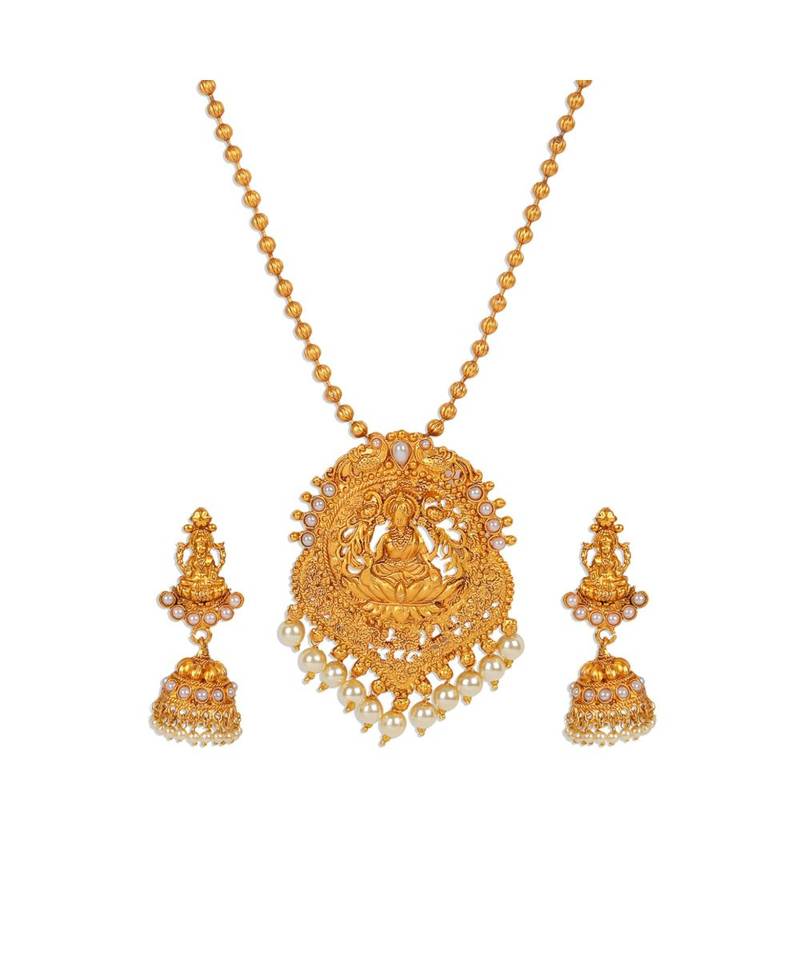 Antique Matte Gold Finish Goddess Laxmi White Stone Studded Temple Jewellery set