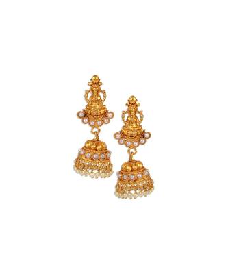 Antique Matte Gold Finish Goddess Laxmi White Stone Studded Temple Jewellery set 4