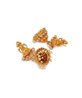 Antique Matte Gold Finish Goddess Laxmi White Stone Studded Temple Jewellery set 5