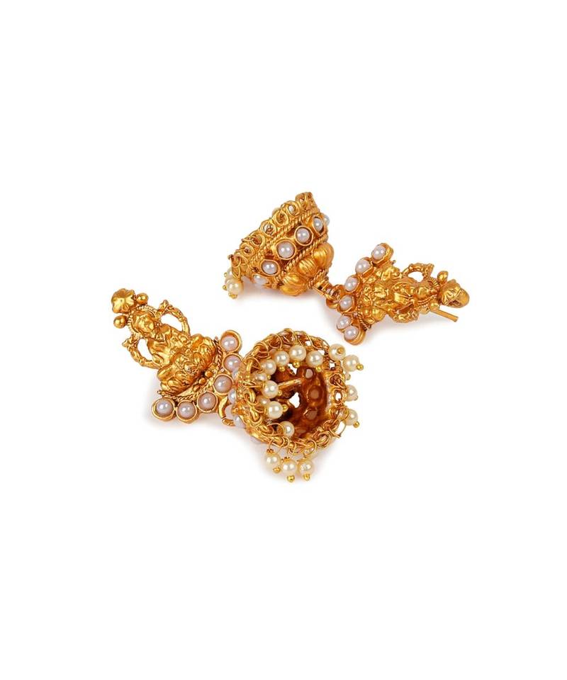 Antique Matte Gold Finish Goddess Laxmi White Stone Studded Temple Jewellery set