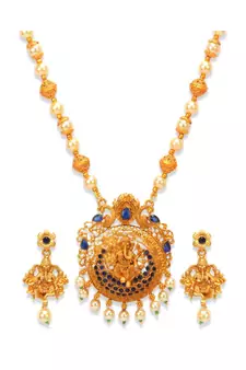 Gold Plated Maa Laxmi Stone Studded Necklace With Earrrings For Women And Girls